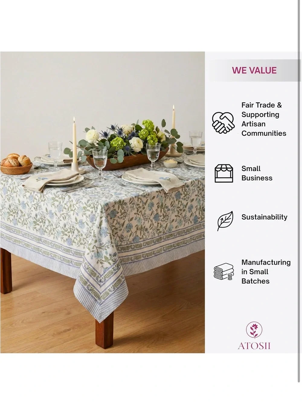 NEW ATOSII Mahoka Blue 100% Cotton Fall Tablecloth, Handblock Printed.
